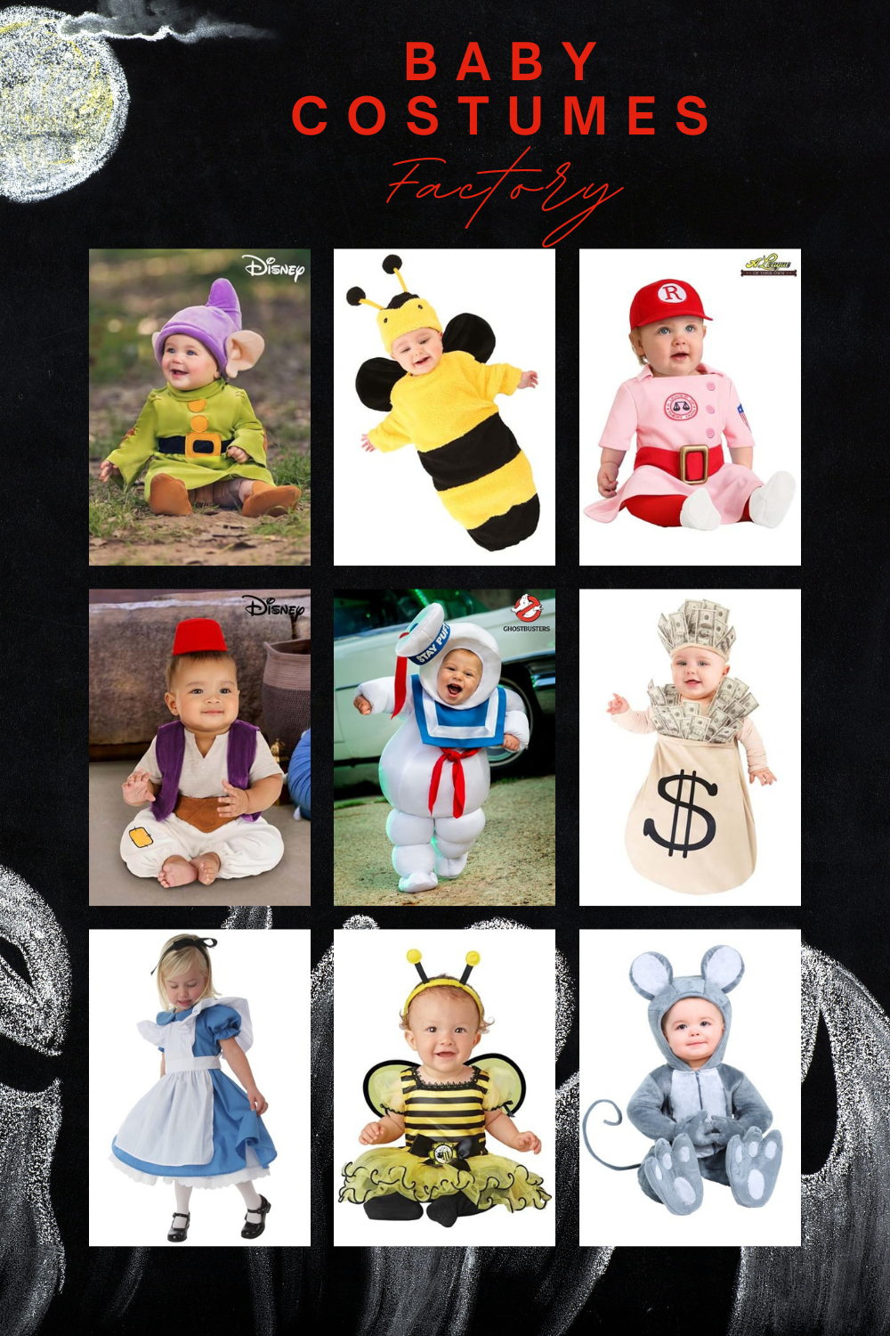 Collage of nine baby Halloween costumes including an elf, a bumblebee, a baseball player, a genie, a Stay Puft Marshmallow Man, a money bag, Cinderella, a second bumblebee costume, and an animal onesie