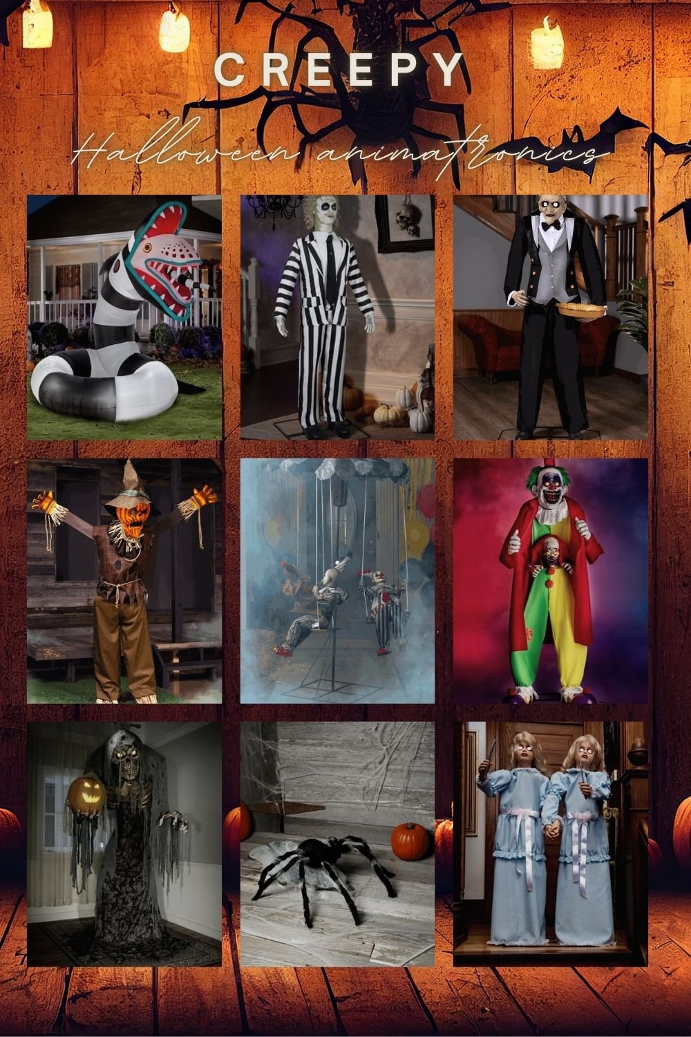 Collage of Halloween decorations and animatronics