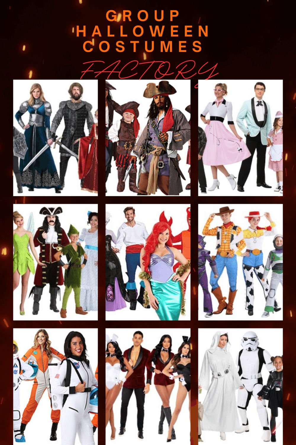Collage of nine group Halloween costume ideas including medieval knights, Jack Sparrow-style pirates, a 1960s-themed group, a Peter Pan group with Tinker Bell and Wendy, a Little Mermaid group, a Toy Story group with Woody, an astronaut crew, a Playboy Mansion-style group with Hugh Hefner and bunnies, and a Star Wars group