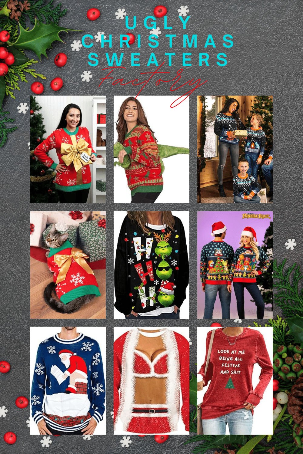 Collage of nine ugly Christmas sweater designs