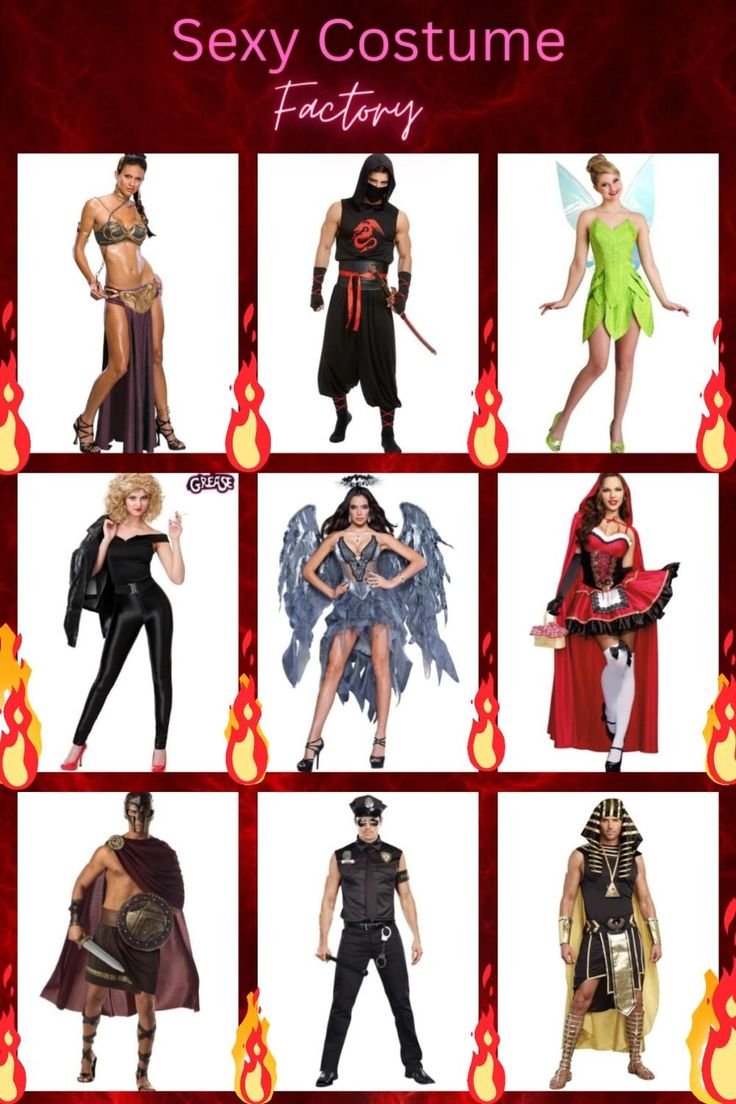 Collage of nine sexy Halloween costumes including an Egyptian queen, a ninja, Tinker Bell, a Grease-inspired look, an angel, Red Riding Hood, a Spartan warrior, a police officer, and an Egyptian pharaoh