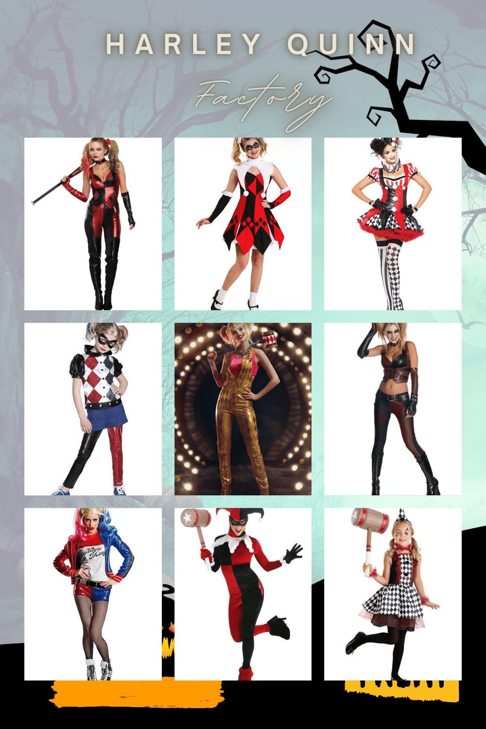 Collage of nine different Harley Quinn costume styles