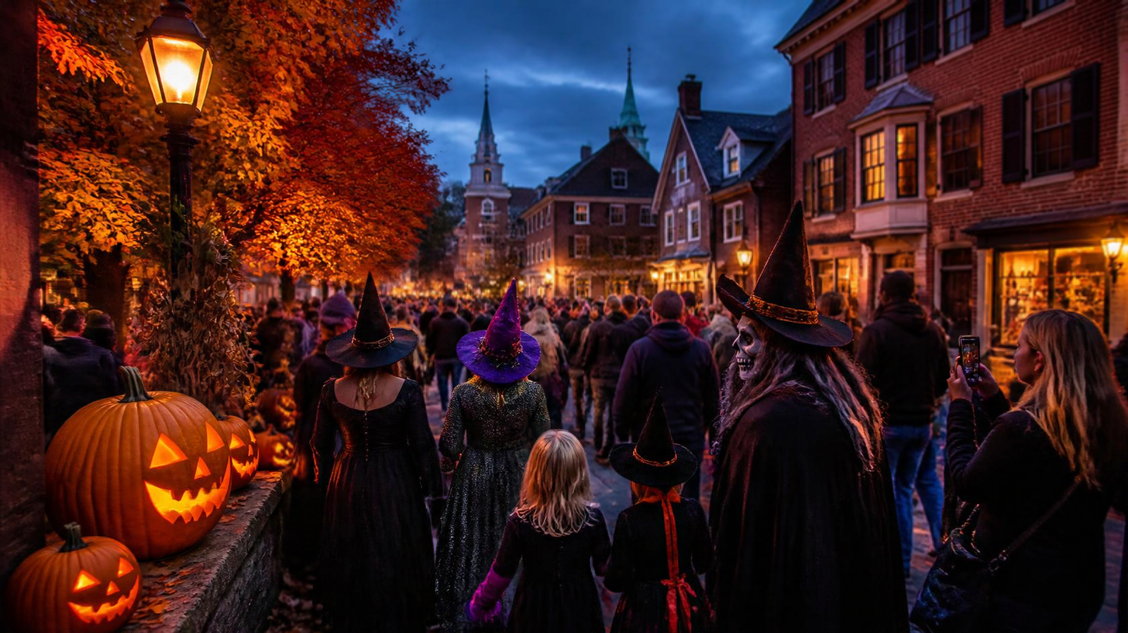 People in witch hats and costumes among glowing jack-o-lanterns on a misty historic street in Salem, Massachusetts in October