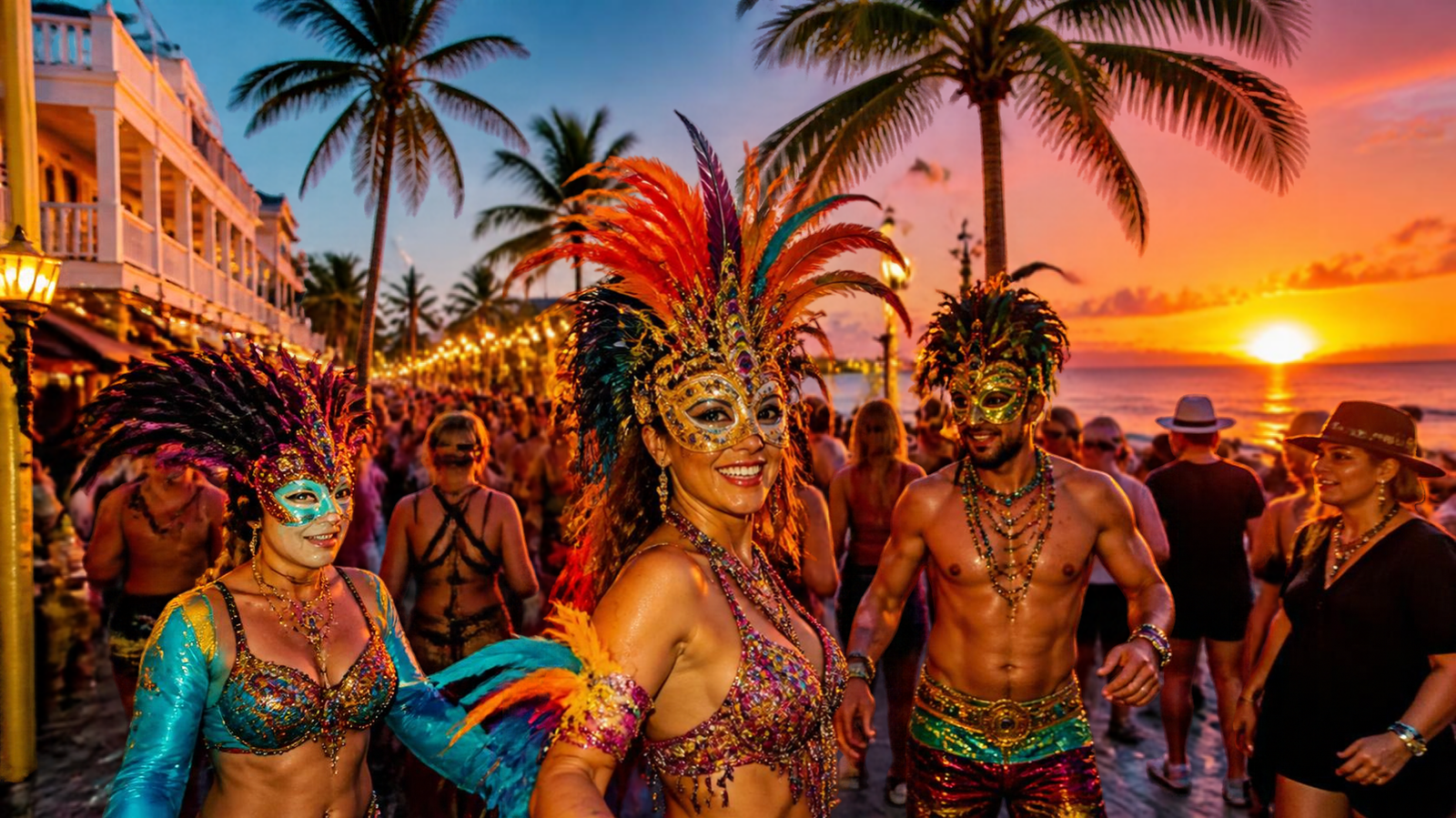 Costumed revelers at a tropical street party at dusk during Fantasy Fest in Key West, Florida