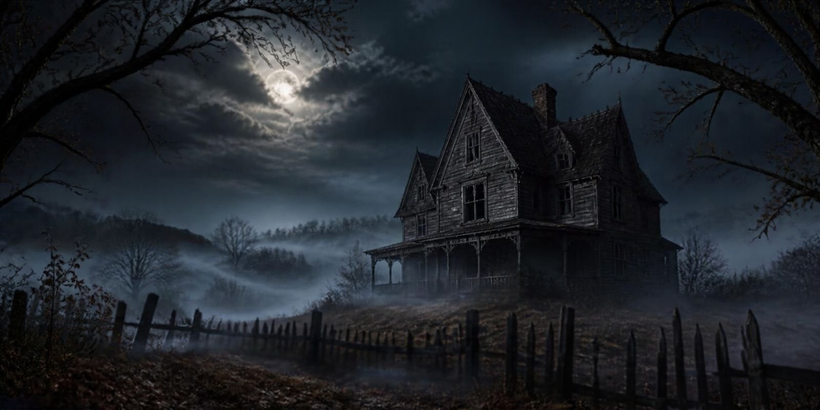 Old haunted New England house on a foggy autumn night