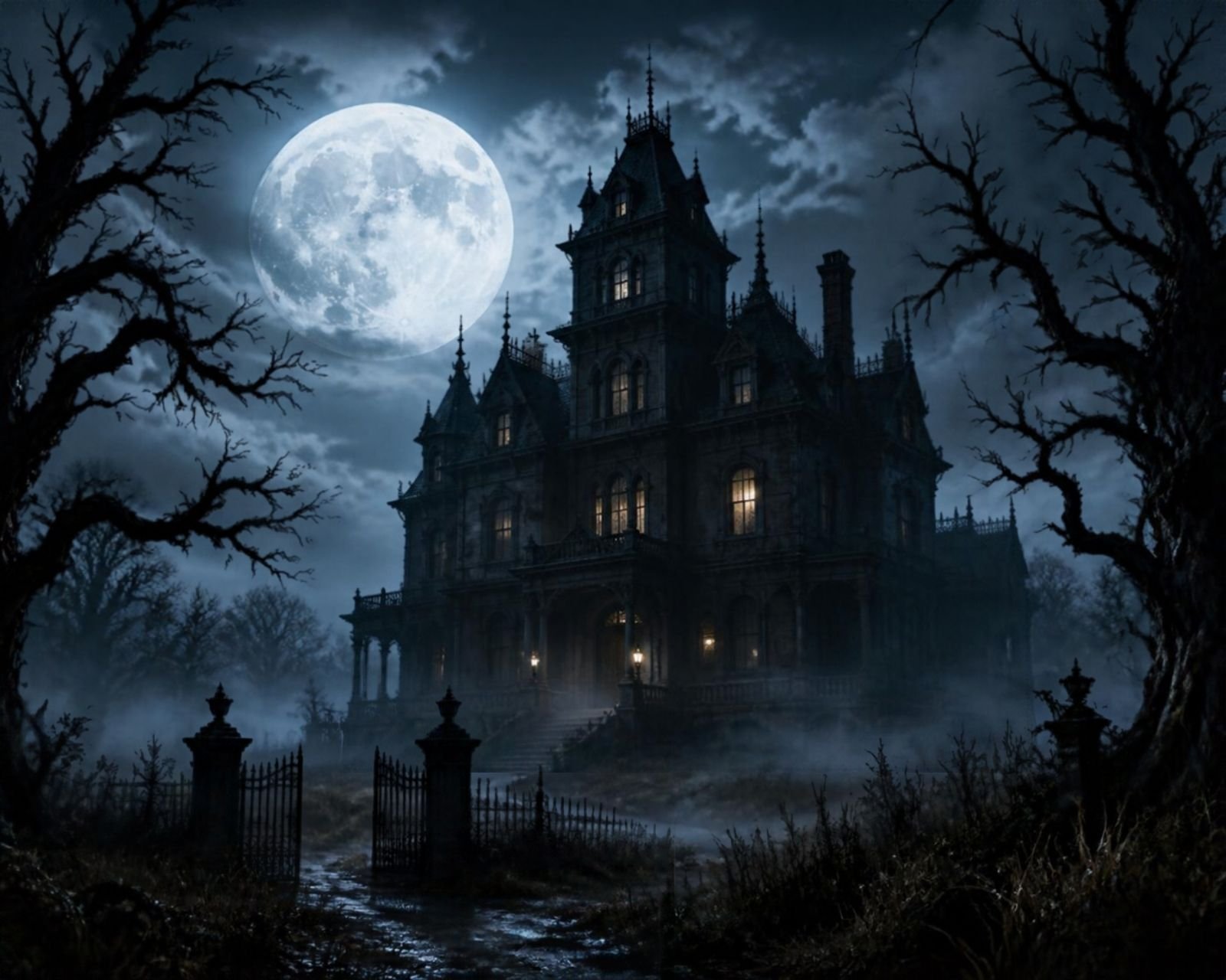 Victorian haunted mansion under a full moon