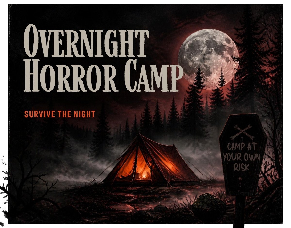 Misty night forest with a glowing orange tent, a coffin-shaped sign and a full moon, with the words Overnight Horror Camp