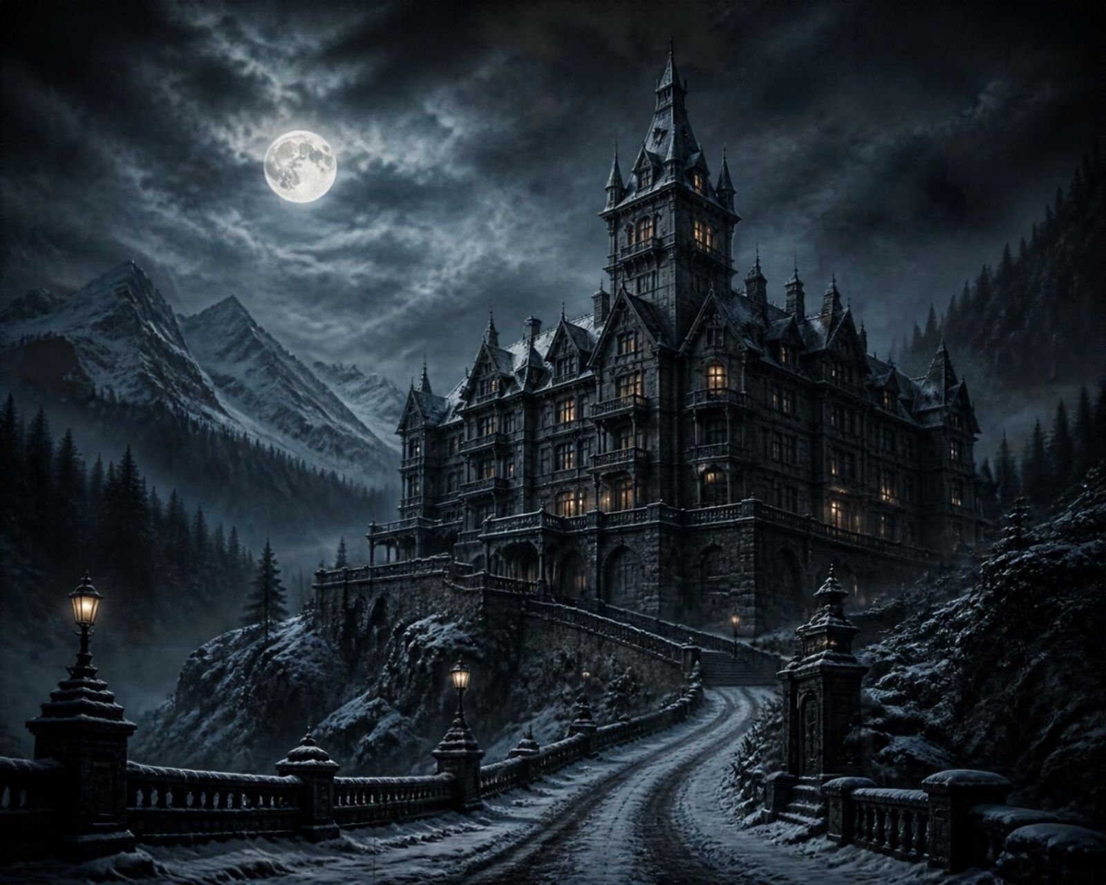 Grand haunted hotel in the mountains at night under a full moon