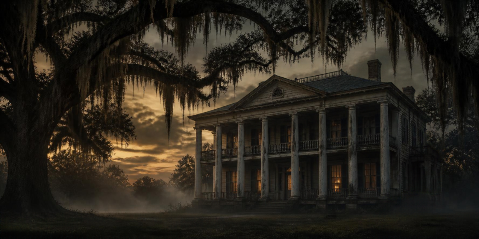 Haunted Southern plantation house draped in Spanish moss at dusk