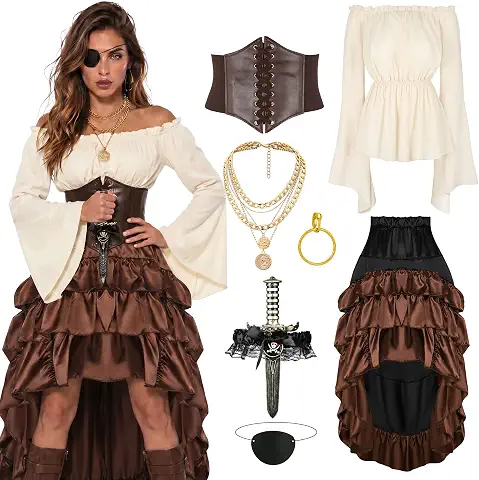 Women's pirate costume with a renaissance blouse, tied corset belt and steampunk skirt