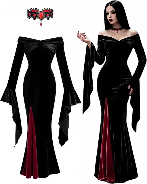 Women's long sleeve gothic velvet maxi witch dress with flared sleeves and a V-neckline