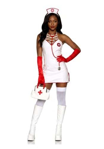 Sexy strappy nurse costume, a black liquid-look dress with crisscross straps, an embroidered cross and a matching headband