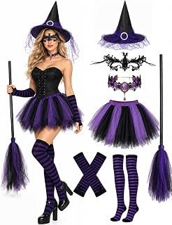 Women's 7-piece purple witch costume with veiled witch hat, tutu skirt, striped arm warmers, over-knee socks and broom